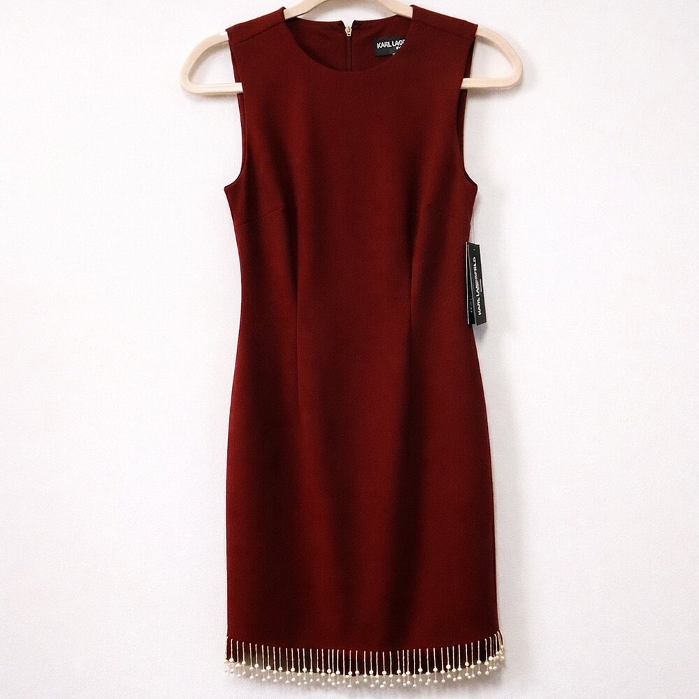 Karl Lagerfeld "Midnight Merlot" Pearl Fringe Sheath Dress | NWT | Size 2 - Picture 5 of 13
